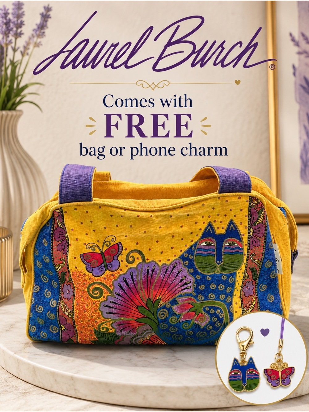 Laurel Burch Yellow Canvas Tote with Colorful Cat & Floral Art